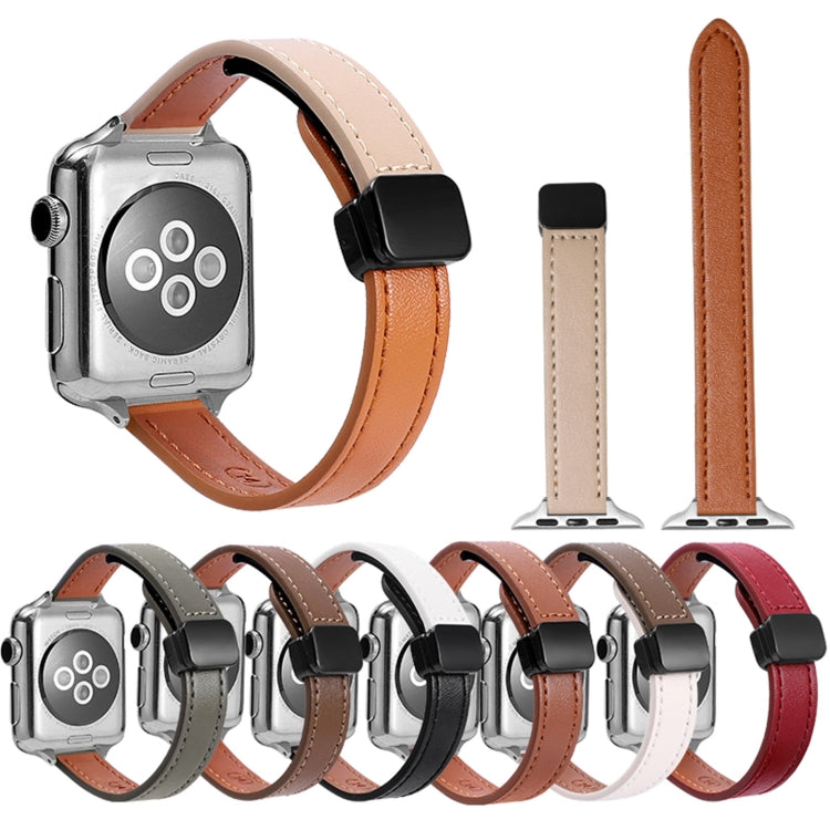 For Apple Watch 42mm Slim Magnetic Buckle Genuine Leather Watch Band(Litchi Lavender) - Watch Bands by PMC Jewellery | Online Shopping South Africa | PMC Jewellery