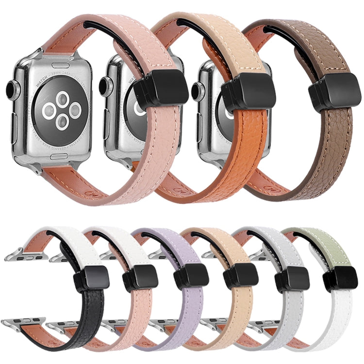 For Apple Watch Series 6 40mm Slim Magnetic Buckle Genuine Leather Watch Band(Plain Beige Pink) - Watch Bands by PMC Jewellery | Online Shopping South Africa | PMC Jewellery