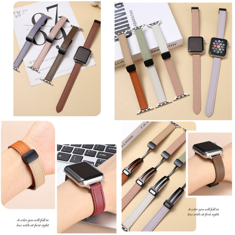 For Apple Watch Series 2 38mm Slim Magnetic Buckle Genuine Leather Watch Band(Litchi Apricot) - Watch Bands by PMC Jewellery | Online Shopping South Africa | PMC Jewellery