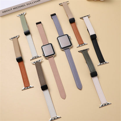 For Apple Watch Series 3 38mm Slim Magnetic Buckle Genuine Leather Watch Band(Litchi Black Beige) - Watch Bands by PMC Jewellery | Online Shopping South Africa | PMC Jewellery