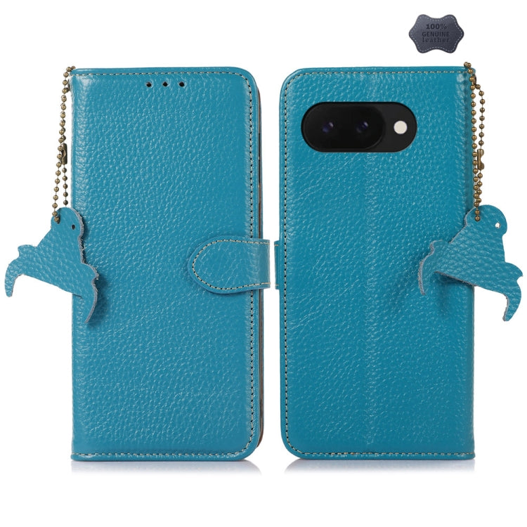 For Google Pixel 9a Genuine Leather Litchi Texture RFID Leather Phone Case(Blue) - Google Cases by PMC TechLife | Online Shopping South Africa | PMC TechLife | Buy Now Pay Later Mobicred