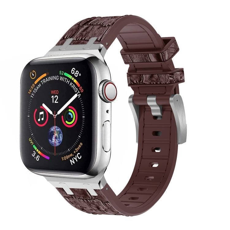 For Apple Watch SE 2023 40mm Crocodile Texture Liquid Silicone Watch Band(Silver Dark Brown) - Watch Bands by PMC Jewellery | Online Shopping South Africa | PMC Jewellery