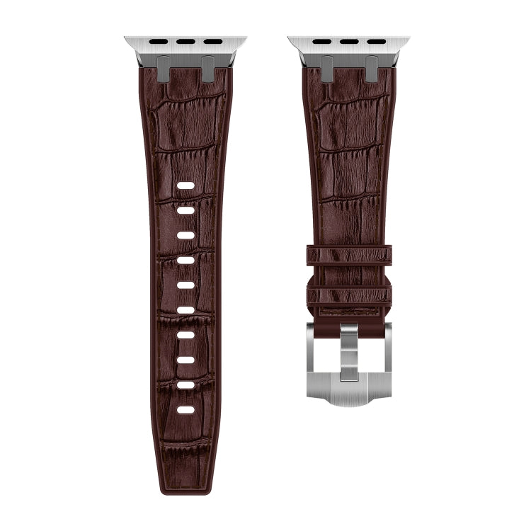 For Apple Watch SE 2022 44mm Crocodile Texture Liquid Silicone Watch Band(Silver Dark Brown) - Watch Bands by PMC Jewellery | Online Shopping South Africa | PMC Jewellery