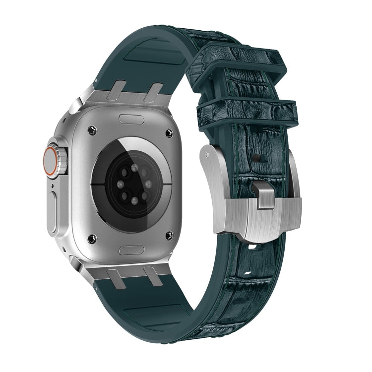 For Apple Watch SE 44mm Crocodile Texture Liquid Silicone Watch Band(Silver Deep Green) - Watch Bands by PMC TechLife | Online Shopping South Africa | PMC TechLife