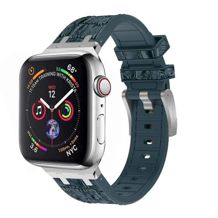 For Apple Watch Series 5 44mm Crocodile Texture Liquid Silicone Watch Band(Silver Deep Green) - Watch Bands by PMC TechLife | Online Shopping South Africa | PMC TechLife