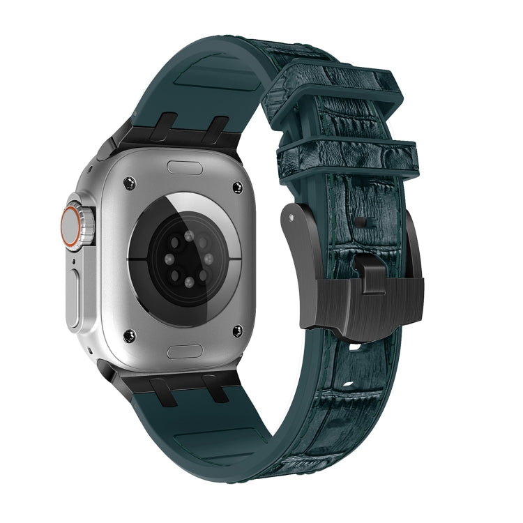 For Apple Watch 42mm Crocodile Texture Liquid Silicone Watch Band(Black Deep Green) - Watch Bands by PMC TechLife | Online Shopping South Africa | PMC TechLife