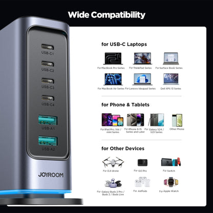 JOYROOM JR-TCM02 6 in 1 65W GaN 4 USB-C & 2 USB-A Multi-port Charger, Power Plug:EU Plug(Dark Gray) - Multifunction Charger by JOYROOM | Online Shopping South Africa | PMC Jewellery | Buy Now Pay Later Mobicred