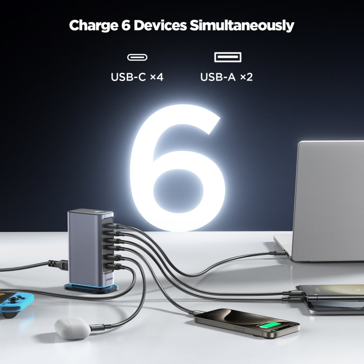 JOYROOM JR-TCM02 6 in 1 65W GaN 4 USB-C & 2 USB-A Multi-port Charger, Power Plug:UK Plug(Dark Gray) - Multifunction Charger by JOYROOM | Online Shopping South Africa | PMC Jewellery | Buy Now Pay Later Mobicred