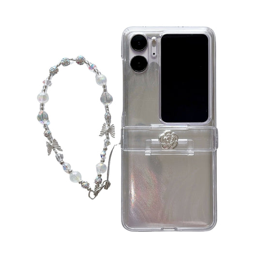 For OPPO Find N2 Flip Skin Feel PC Feather Gauze Glitter Paper Camellia Phone Case with Bracelet(Transparent) - Find N2 Flip Cases by PMC Jewellery | Online Shopping South Africa | PMC Jewellery