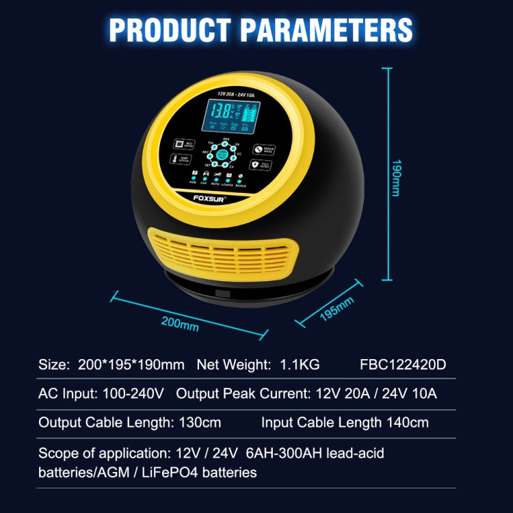 FOXSUR 20A 12V 24V Car / Motorcycle Smart Battery Charger, Plug Type:EU Plug(Yellow) - Battery Charger by FOXSUR | Online Shopping South Africa | PMC Jewellery | Buy Now Pay Later Mobicred