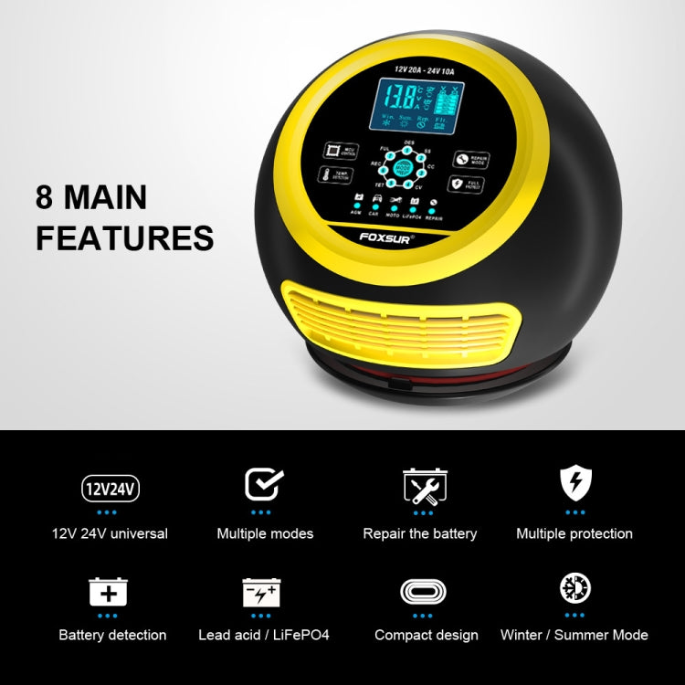 FOXSUR 20A 12V 24V Car / Motorcycle Smart Battery Charger, Plug Type:US Plug(Yellow) - free shipping - PMC TechLife - Order now!