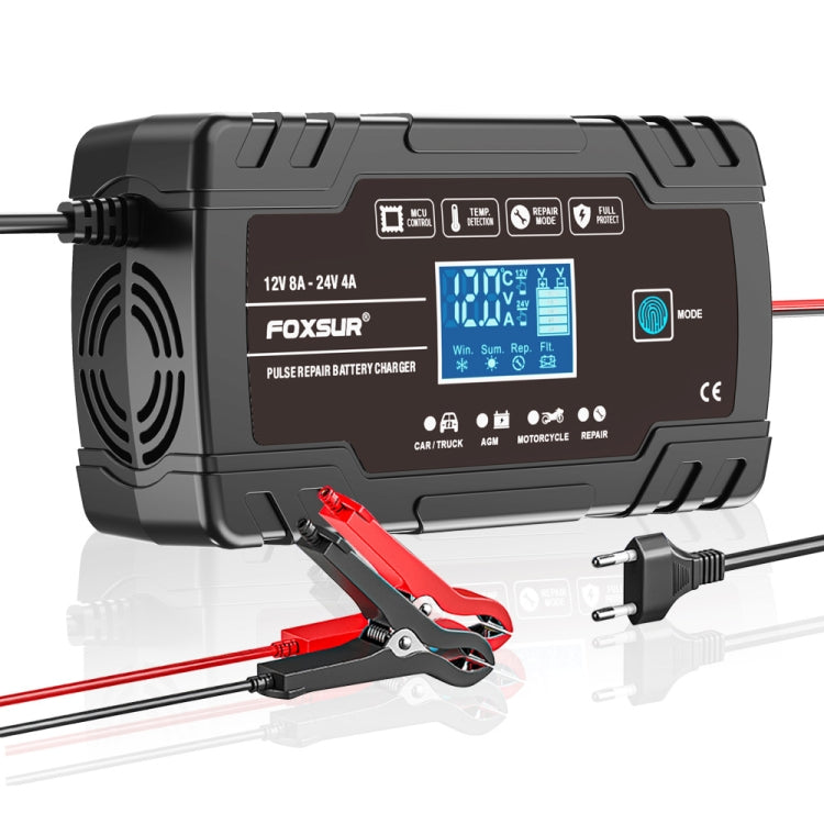 FOXSUR 8A 12V 24V Car / Motorcycle Smart Battery Charger, Plug Type:EU Plug(Black) - Battery Charger by FOXSUR | Online Shopping South Africa | PMC TechLife | Buy Now Pay Later Mobicred