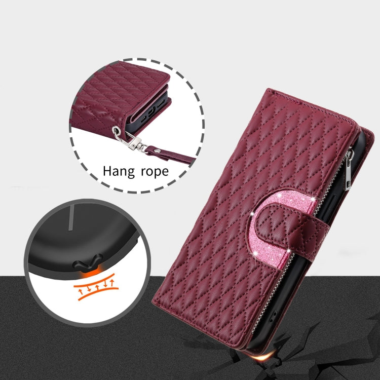 For Google Pixel 7a Glitter Lattice Zipper Wallet Leather Phone Case(Wine Red) - Google Cases by PMC Jewellery | Online Shopping South Africa | PMC Jewellery | Buy Now Pay Later Mobicred