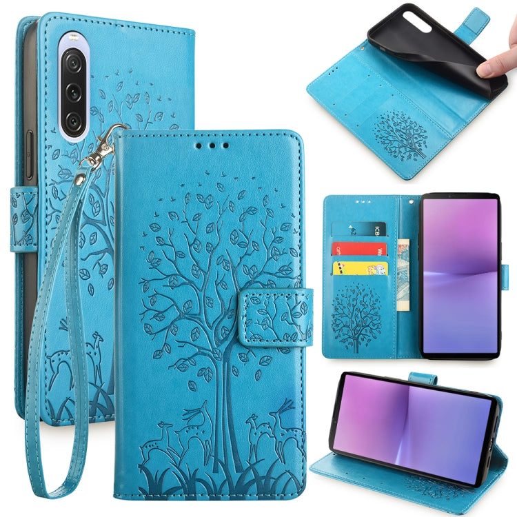 For Sony Xperia 10 V Tree & Deer Embossed Leather Phone Case(Blue) - Sony Cases by PMC TechLife | Online Shopping South Africa | PMC TechLife | Buy Now Pay Later Mobicred