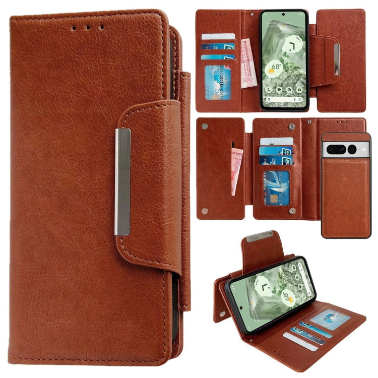 For Google Pixel 7 Pro Multifunctional 7-Card Wallet Leather Phone Case(Brown) - Google Cases by PMC TechLife | Online Shopping South Africa | PMC TechLife | Buy Now Pay Later Mobicred