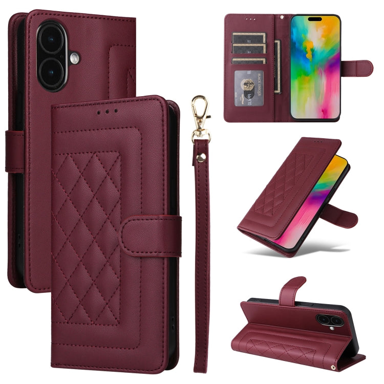 For iPhone 16 Diamond Lattice Leather Flip Phone Case(Wine Red) - iPhone 16 Cases by PMC Jewellery | Online Shopping South Africa | PMC Jewellery | Buy Now Pay Later Mobicred