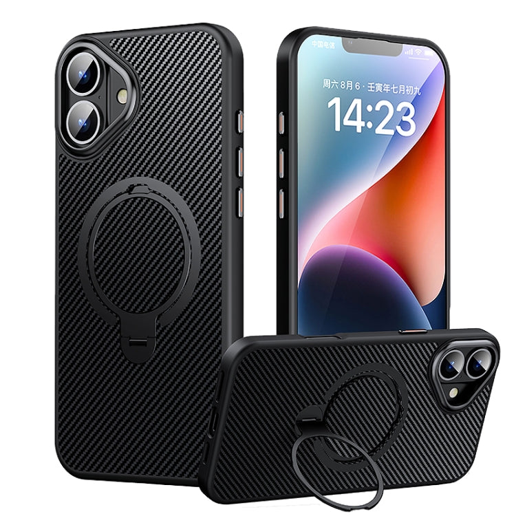 For iPhone 16 Double Ring MagSafe Holder Carbon Fiber Phone Case(Black) - iPhone 16 Cases by PMC Jewellery | Online Shopping South Africa | PMC Jewellery | Buy Now Pay Later Mobicred