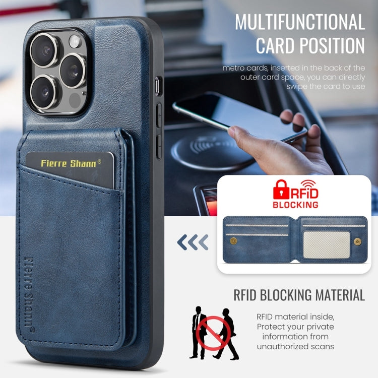 For iPhone 16 Pro Max Fierre Shann Oil Wax Cow Leather Magnetic Card Holder Phone Case(Blue) - iPhone 16 Pro Max Cases by FIERRE SHANN | Online Shopping South Africa | PMC Jewellery | Buy Now Pay Later Mobicred