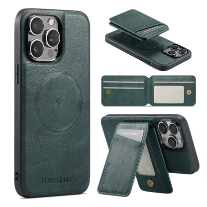 For iPhone 16 Pro Max Fierre Shann Oil Wax Cow Leather Magnetic Card Holder Phone Case(Green) - iPhone 16 Pro Max Cases by FIERRE SHANN | Online Shopping South Africa | PMC Jewellery | Buy Now Pay Later Mobicred