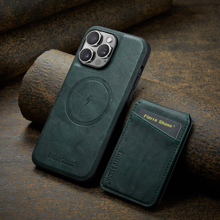 For iPhone 16 Pro Max Fierre Shann Cowhide Vertical Flip Magnetic Card Holder Phone Case(Green) - iPhone 16 Pro Max Cases by FIERRE SHANN | Online Shopping South Africa | PMC Jewellery | Buy Now Pay Later Mobicred