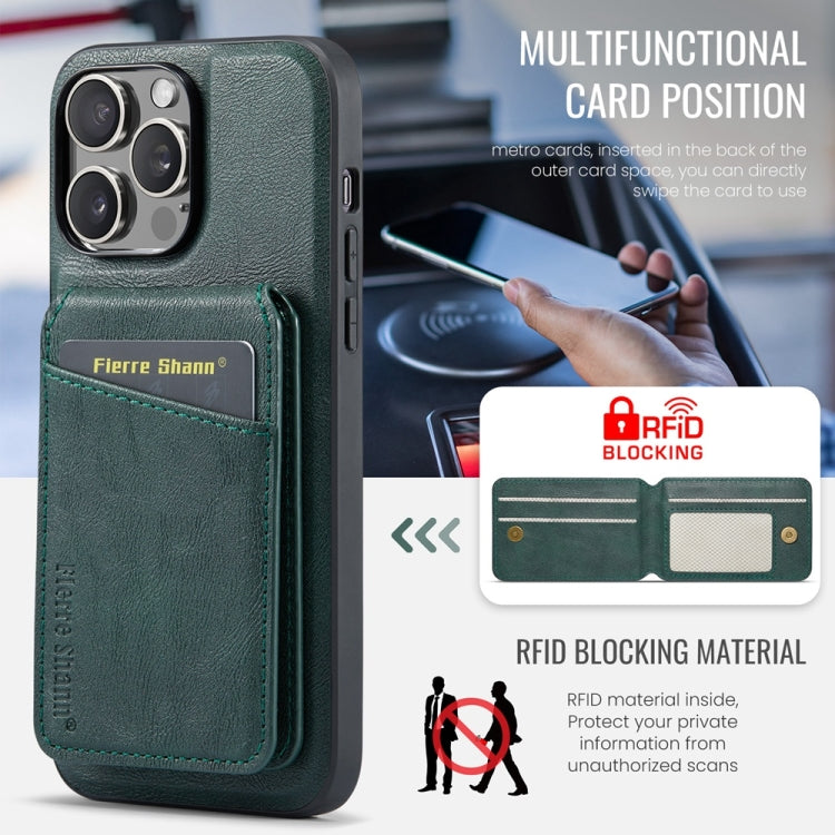 For iPhone 16 Pro Max Fierre Shann Cowhide Vertical Flip Magnetic Card Holder Phone Case(Green) - iPhone 16 Pro Max Cases by FIERRE SHANN | Online Shopping South Africa | PMC Jewellery | Buy Now Pay Later Mobicred