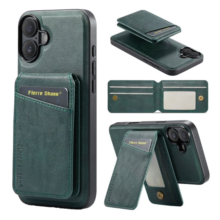 For iPhone 16 Fierre Shann Oil Wax Cow Leather Magnetic Card Holder Phone Case(Green) - iPhone 16 Cases by FIERRE SHANN | Online Shopping South Africa | PMC Jewellery | Buy Now Pay Later Mobicred