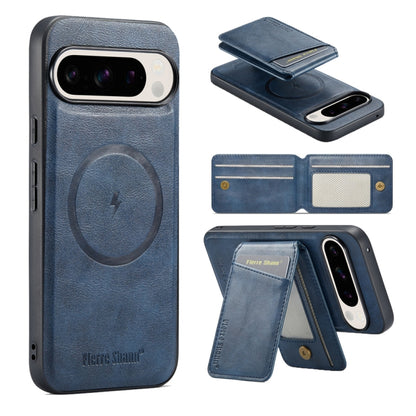 For Google Pixel 9 Pro Fierre Shann Oil Wax Cow Leather Magnetic Card Holder Phone Case(Blue) - Google Cases by FIERRE SHANN | Online Shopping South Africa | PMC Jewellery | Buy Now Pay Later Mobicred