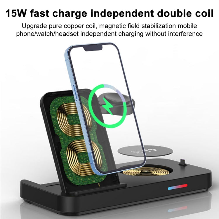 For Apple Series 3 in 1 15W Earphones/Phones/Watch Fold Wireless Charger Stand(Black) - Multifunction Charger by PMC Jewellery | Online Shopping South Africa | PMC Jewellery | Buy Now Pay Later Mobicred