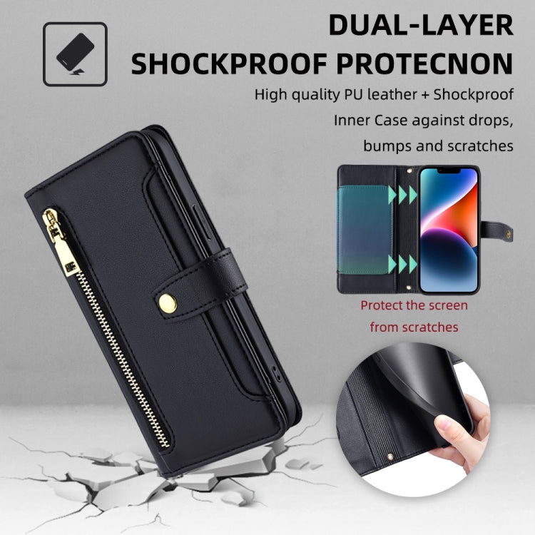 For Google Pixel 8a Sheep Texture Cross-body Zipper Wallet Leather Phone Case(Black) - Google Cases by PMC TechLife | Online Shopping South Africa | PMC TechLife | Buy Now Pay Later Mobicred