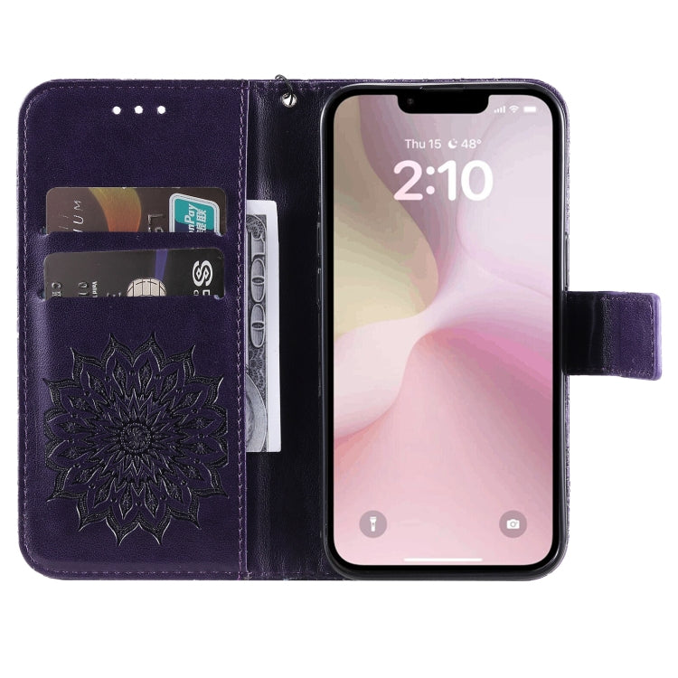 For iPhone SE 2024 Embossed Sunflower Pattern Flip Leather Phone Case(Purple) - More iPhone Cases by PMC Jewellery | Online Shopping South Africa | PMC Jewellery | Buy Now Pay Later Mobicred