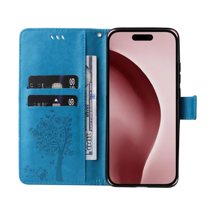 For iPhone 16 Pro Tree & Cat Embossed Pattern Flip Leather Phone Case(Blue) - iPhone 16 Pro Cases by PMC Jewellery | Online Shopping South Africa | PMC Jewellery | Buy Now Pay Later Mobicred