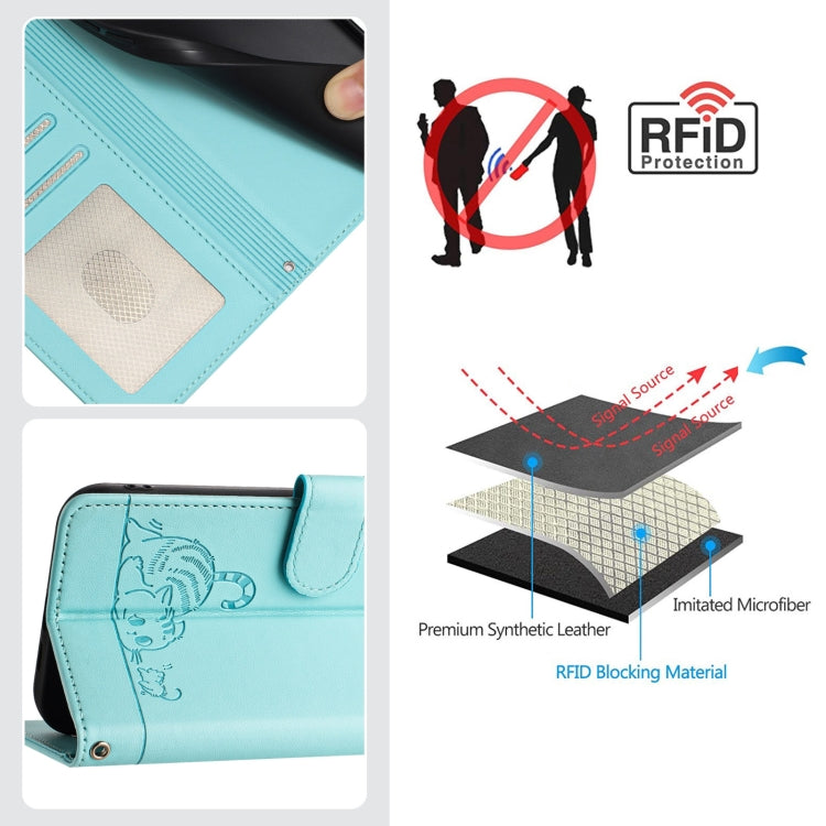 For OPPO Reno11 F 5G Global Cat Rat Embossed Pattern RFID Leather Phone Case with Lanyard(Mint Green) - Reno11 F Cases by PMC Jewellery | Online Shopping South Africa | PMC Jewellery | Buy Now Pay Later Mobicred