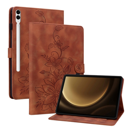 For Samsung Galaxy Tab S9+ / S9 FE+ Lily Embossed Leather Tablet Case(Brown) - Galaxy Tab S9+ Cases by PMC Jewellery | Online Shopping South Africa | PMC Jewellery | Buy Now Pay Later Mobicred