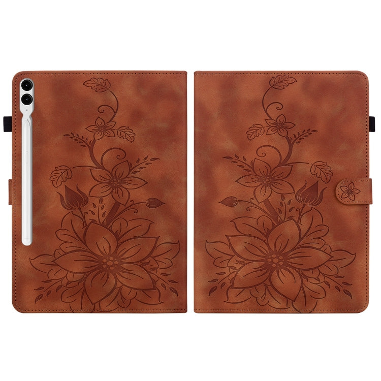 For Samsung Galaxy Tab S9+ / S9 FE+ Lily Embossed Leather Tablet Case(Brown) - Galaxy Tab S9+ Cases by PMC Jewellery | Online Shopping South Africa | PMC Jewellery | Buy Now Pay Later Mobicred