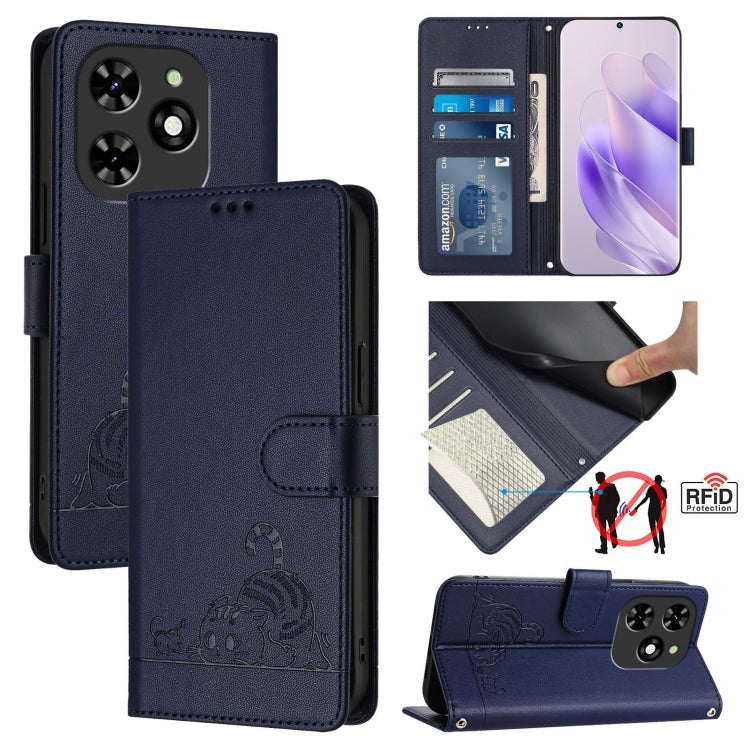 For Tecno Spark GO 2024 Cat Rat Embossed Pattern RFID Leather Phone Case with Lanyard(Blue) - Tecno Cases by PMC Jewellery | Online Shopping South Africa | PMC Jewellery | Buy Now Pay Later Mobicred