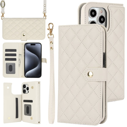 For iPhone 16 Pro Max Crossbody Multifunction Rhombic Leather Phone Case(White) - iPhone 16 Pro Max Cases by PMC Jewellery | Online Shopping South Africa | PMC Jewellery | Buy Now Pay Later Mobicred