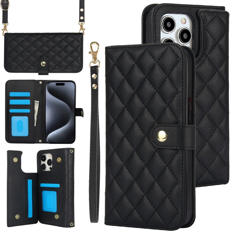 For iPhone 16 Pro Max Crossbody Multifunction Rhombic Leather Phone Case(Black) - iPhone 16 Pro Max Cases by PMC Jewellery | Online Shopping South Africa | PMC Jewellery | Buy Now Pay Later Mobicred