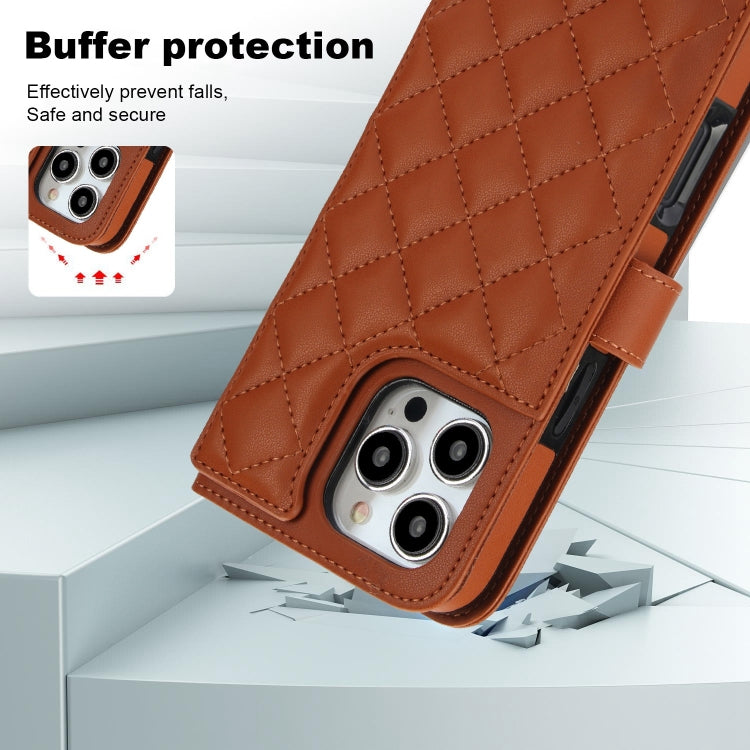 For iPhone 16 Pro Max Crossbody Multifunction Rhombic Leather Phone Case(Brown) - iPhone 16 Pro Max Cases by PMC Jewellery | Online Shopping South Africa | PMC Jewellery | Buy Now Pay Later Mobicred