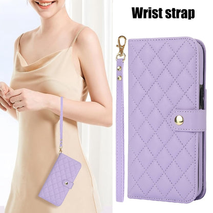 For iPhone 16 Pro Crossbody Multifunction Rhombic Leather Phone Case(Purple) - More iPhone Cases by PMC Jewellery | Online Shopping South Africa | PMC Jewellery | Buy Now Pay Later Mobicred