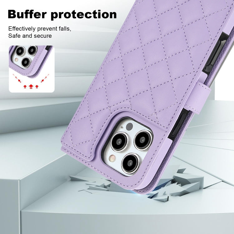 For iPhone 16 Pro Crossbody Multifunction Rhombic Leather Phone Case(Purple) - More iPhone Cases by PMC Jewellery | Online Shopping South Africa | PMC Jewellery | Buy Now Pay Later Mobicred