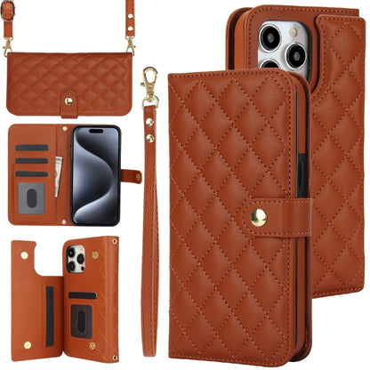 For iPhone 16 Pro Crossbody Multifunction Rhombic Leather Phone Case(Brown) - More iPhone Cases by PMC Jewellery | Online Shopping South Africa | PMC Jewellery | Buy Now Pay Later Mobicred