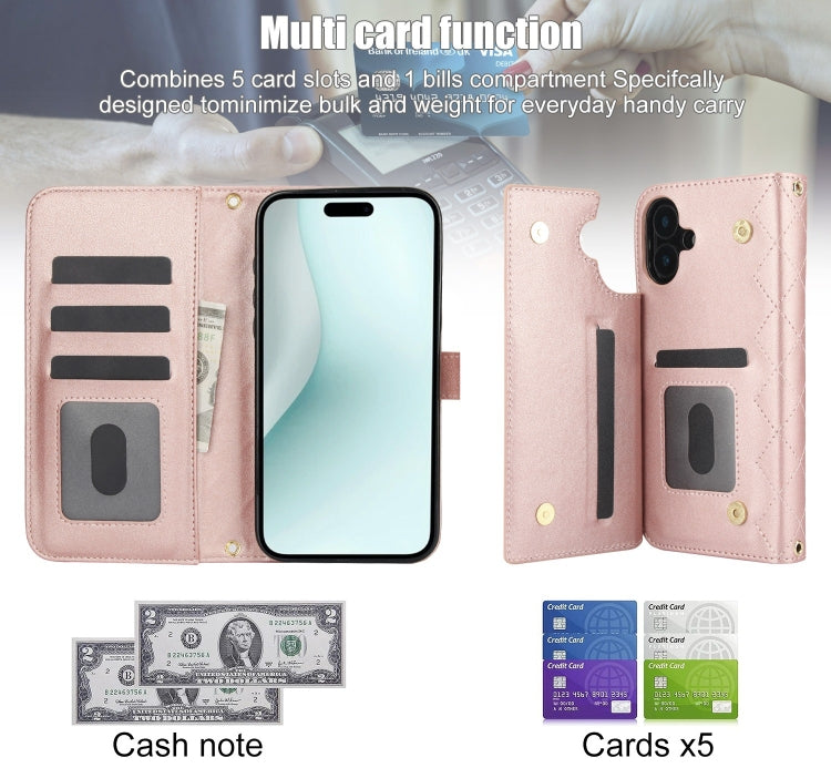 For iPhone 16 Plus Crossbody Multifunction Rhombic Leather Phone Case(Rose Gold) - free shipping - PMC Jewellery - Order now!