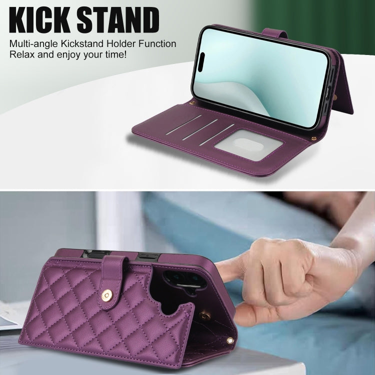 For iPhone 16 Plus Crossbody Multifunction Rhombic Leather Phone Case(Dark Purple) - iPhone 16 Plus Cases by PMC Jewellery | Online Shopping South Africa | PMC Jewellery | Buy Now Pay Later Mobicred