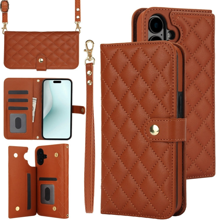 For iPhone 16 Crossbody Multifunction Rhombic Leather Phone Case(Brown) - iPhone 16 Cases by PMC Jewellery | Online Shopping South Africa | PMC Jewellery | Buy Now Pay Later Mobicred