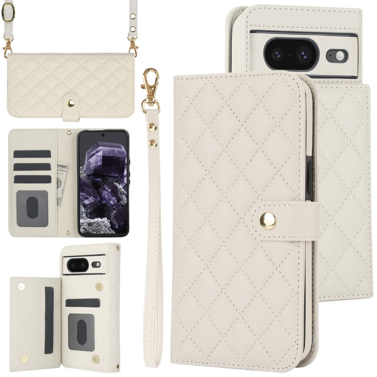 For Google Pixel 8a Crossbody Multifunction Rhombic Leather Phone Case(White) - Google Cases by PMC Jewellery | Online Shopping South Africa | PMC Jewellery | Buy Now Pay Later Mobicred