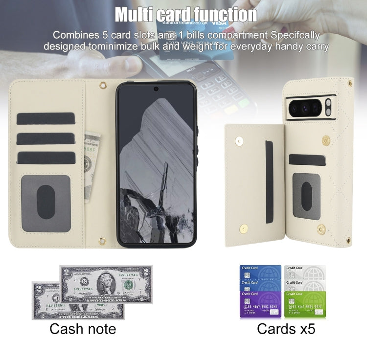 For Google Pixel 8 Pro Crossbody Multifunction Rhombic Leather Phone Case(White) - Google Cases by PMC TechLife | Online Shopping South Africa | PMC TechLife | Buy Now Pay Later Mobicred