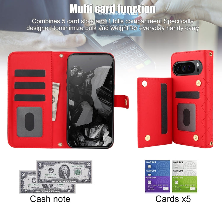 For Google Pixel 9 Crossbody Multifunction Rhombic Leather Phone Case(Red) - Google Cases by PMC Jewellery | Online Shopping South Africa | PMC Jewellery | Buy Now Pay Later Mobicred