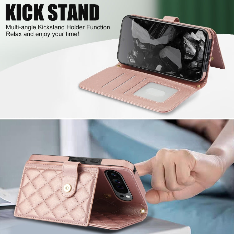 For Google Pixel 9 Pro XL Crossbody Multifunction Rhombic Leather Phone Case(Rose Gold) - Google Cases by PMC Jewellery | Online Shopping South Africa | PMC Jewellery | Buy Now Pay Later Mobicred