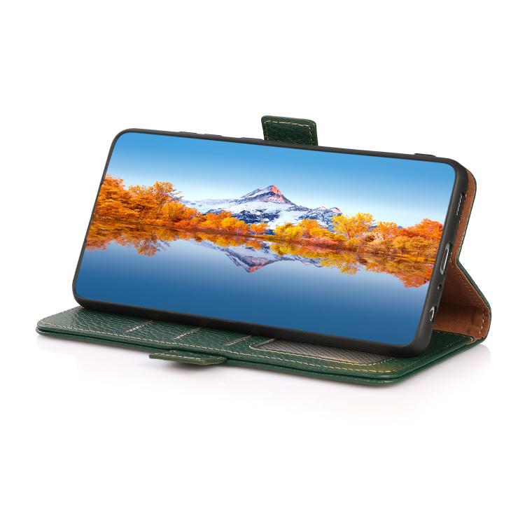 For iPhone 17 KHAZNEH Side-Magnetic Litchi Genuine Leather RFID Case(Green) - free shipping - PMc TechLife - Order now!