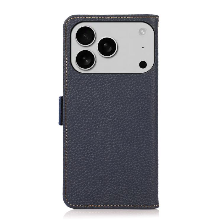 For iPhone 17 Pro KHAZNEH Side-Magnetic Litchi Genuine Leather RFID Case(Blue) - free shipping - PMc TechLife - Order now!